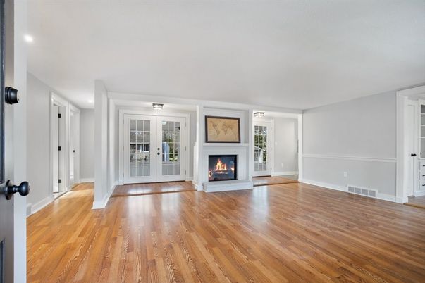 Empty room, Fireplace, Interior, Recessed Lighting, Wood Texture Flooring