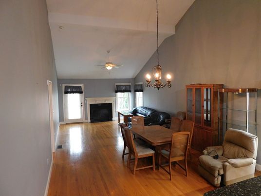 Chandelier, Dining room, Fireplace, Interior, Wood Texture Flooring