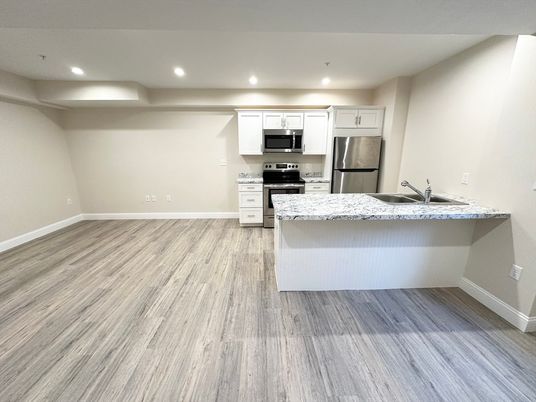 Interior, Kitchen, Recessed Lighting, Stainless Steel Appliances, Wood Texture Flooring