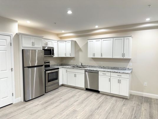 Interior, Kitchen, Recessed Lighting, Stainless Steel Appliances, Wood Texture Flooring