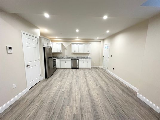 Interior, Kitchen, Recessed Lighting, Stainless Steel Appliances, Wood Texture Flooring