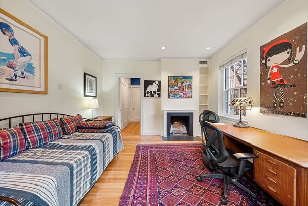 Fireplace, Home Office, Interior, Recessed Lighting, Wood Texture Flooring