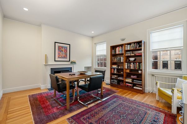 Dining room, Fireplace, Interior, Recessed Lighting, Wood Texture Flooring