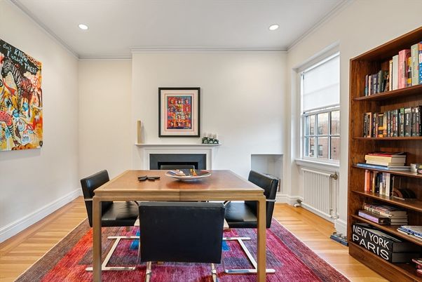 Dining room, Fireplace, Interior, Recessed Lighting, Wood Texture Flooring