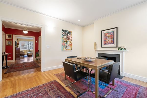Dining room, Fireplace, Game Room, Interior, Pendant Lights, Recessed Lighting, Wood Texture Flooring