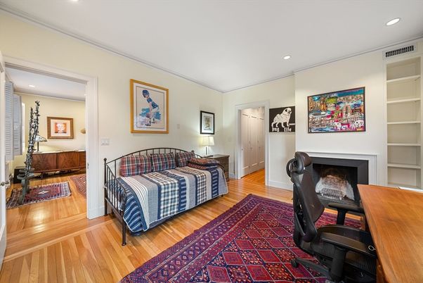 Fireplace, Home Office, Interior, Recessed Lighting, Wood Texture Flooring