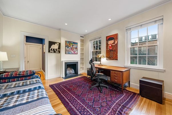 Fireplace, Home Office, Interior, Recessed Lighting, Wood Texture Flooring