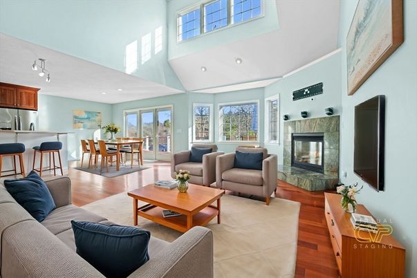 Dining room, Fireplace, Interior, Kitchen, Living room, Recessed Lighting, Wood Texture Flooring