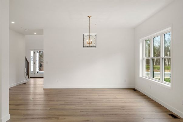 Empty room, Interior, Pendant Lights, Recessed Lighting, Wood Texture Flooring