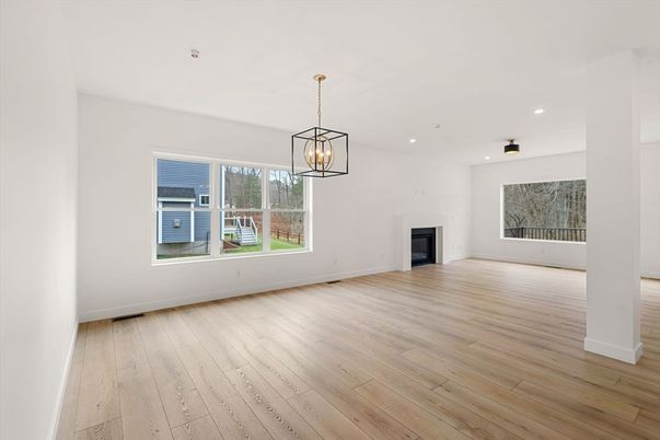 Empty room, Fireplace, Interior, Pendant Lights, Recessed Lighting, Wood Texture Flooring