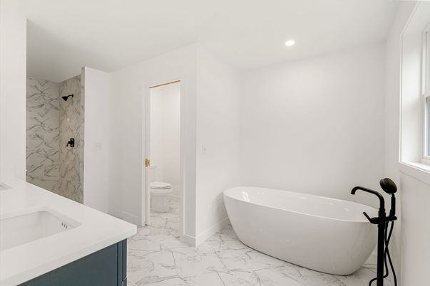 Bathroom, Free Standing Baths, Interior, Marble, Marble Walls, Recessed Lighting