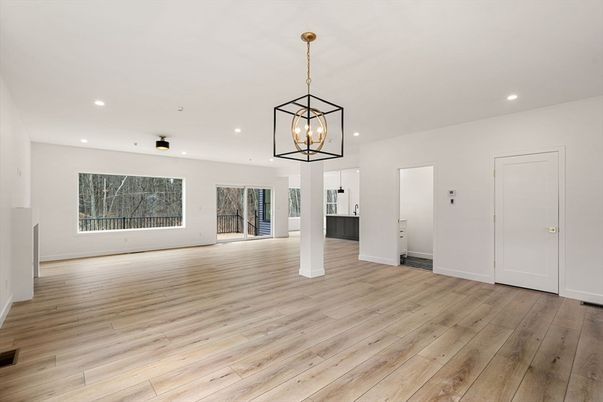 Empty room, Interior, Pendant Lights, Recessed Lighting, Wood Texture Flooring