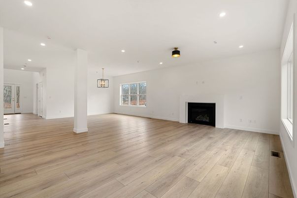 Empty room, Fireplace, Interior, Pendant Lights, Recessed Lighting, Wood Texture Flooring