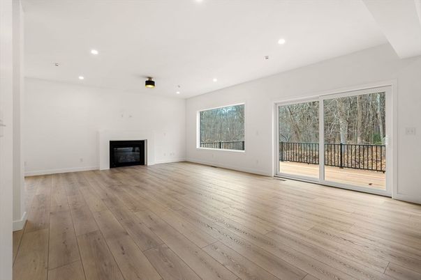 Empty room, Fireplace, Interior, Recessed Lighting, Wood Texture Flooring