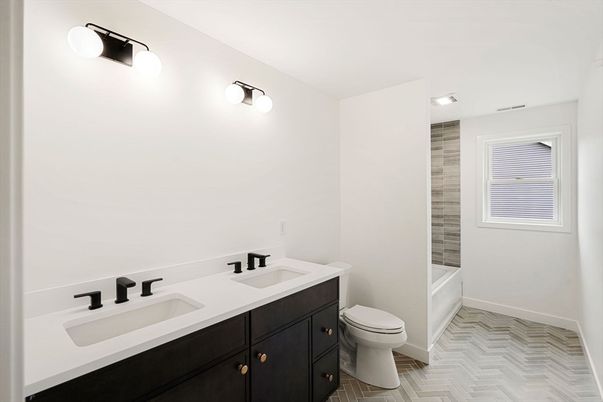 Bathroom, Dual Sink Vanities, Interior, Recessed Lighting, Wood Texture Flooring