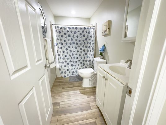 Bathroom, Interior, Recessed Lighting, Wood Texture Flooring
