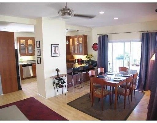Dining room, Interior, Pendant Lights, Recessed Lighting, Wood Texture Flooring