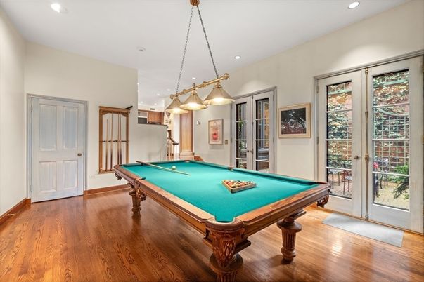 Billiard Table, Chandelier, Game Room, Interior, Pendant Lights, Recessed Lighting, Wood Texture Flooring