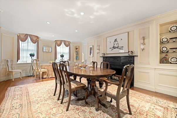 Dining room, Fireplace, Interior, Recessed Lighting, Wood Texture Flooring