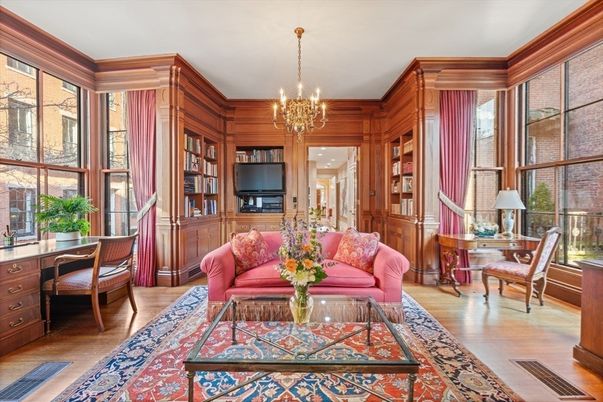 Chandelier, Home Office, Interior, Wood Texture Flooring, Wooden Walls
