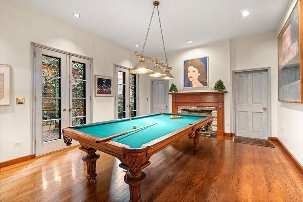 Billiard Table, Fireplace, Game Room, Interior, Pendant Lights, Recessed Lighting, Wood Texture Flooring