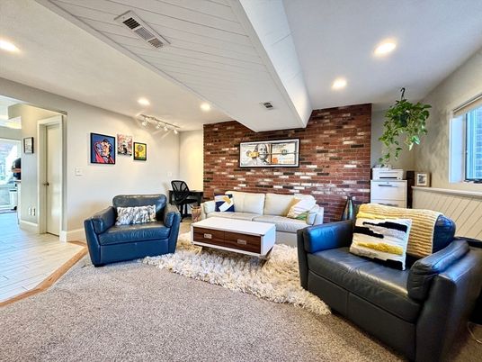 Interior, Living room, Recessed Lighting, Stone Walls, Wood Texture Flooring