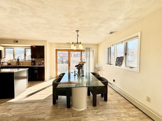 Dining room, Interior, Kitchen, Pendant Lights, Wood Texture Flooring