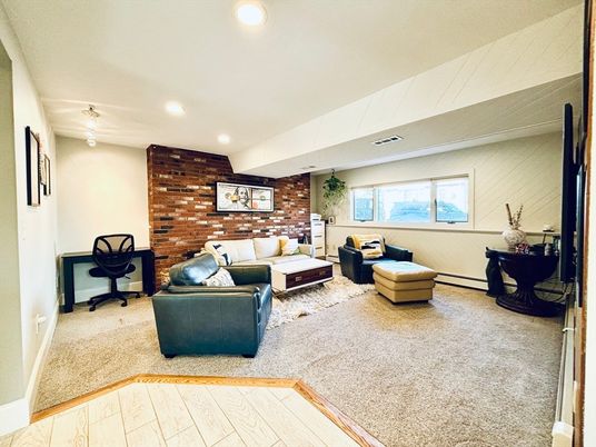 Interior, Living room, Recessed Lighting, Stone Walls, Wood Texture Flooring