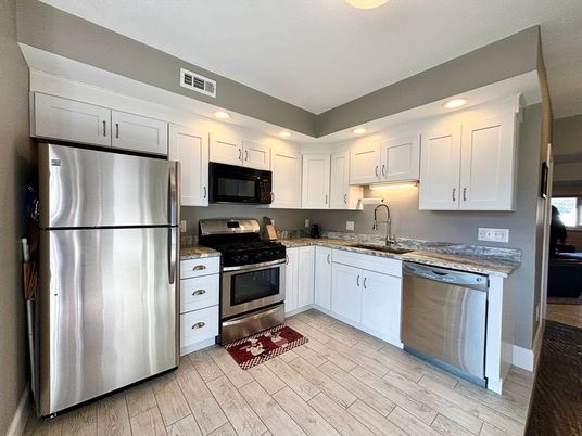 Interior, Kitchen, Recessed Lighting, Stainless Steel Appliances, Wood Texture Flooring