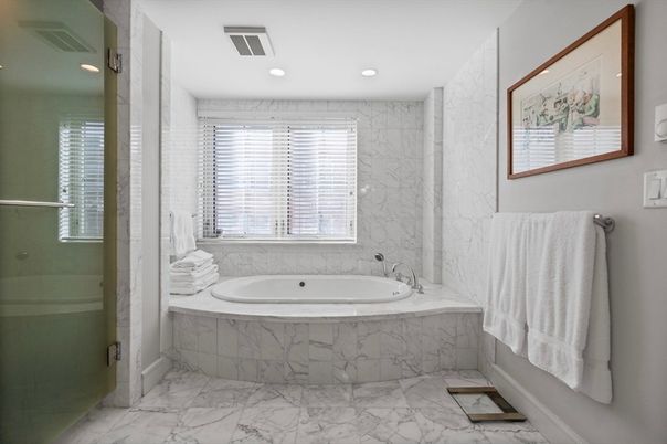 Bathroom, Glass Shower, Interior, Marble, Marble Walls, Recessed Lighting