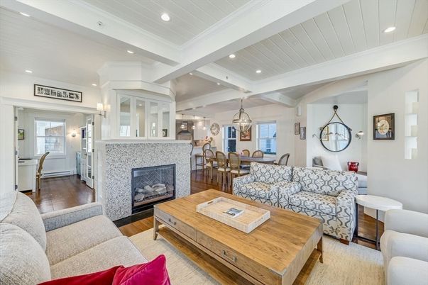 Dining room, Fireplace, Interior, Living room, Pendant Lights, Recessed Lighting, Wood Texture Flooring
