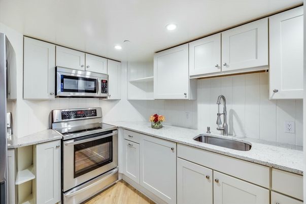 Interior, Kitchen, Recessed Lighting, Stainless Steel Appliances, Wood Texture Flooring
