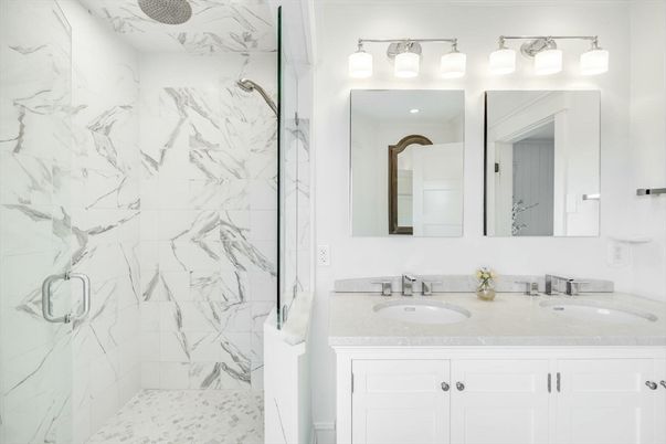 Bathroom, Dual Sink Vanities, Glass Shower, Interior, Marble Walls