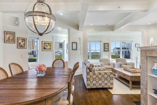 Dining room, Fireplace, Interior, Living room, Pendant Lights, Recessed Lighting, Wood Texture Flooring