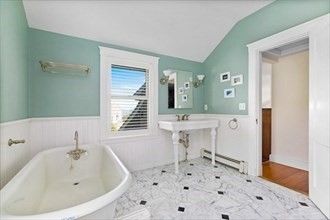Bathroom, Free Standing Baths, Interior, Marble, Wood Texture Flooring