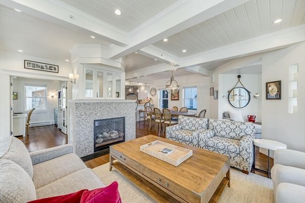 Dining room, Fireplace, Interior, Living room, Pendant Lights, Recessed Lighting, Wood Texture Flooring