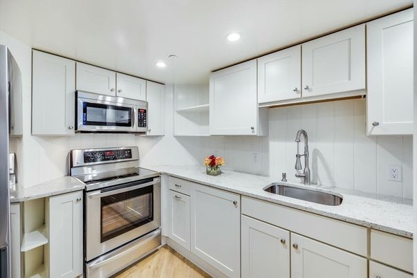 Interior, Kitchen, Recessed Lighting, Stainless Steel Appliances, Wood Texture Flooring