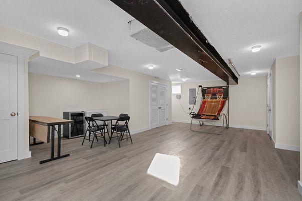 Dining room, Interior, Recessed Lighting, Wood Texture Flooring