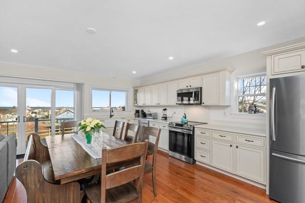 Dining room, Interior, Kitchen, Recessed Lighting, Stainless Steel Appliances, Wood Texture Flooring