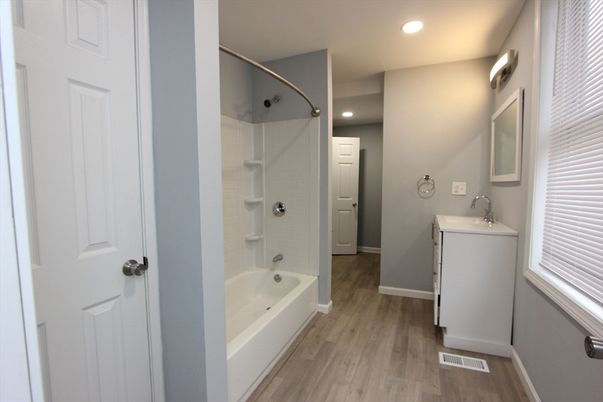 Bathroom, Glass Shower, Interior, Recessed Lighting, Wood Texture Flooring