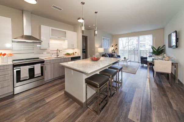 Dining room, Interior, Kitchen, Pendant Lights, Recessed Lighting, Stainless Steel Appliances, Wood Texture Flooring