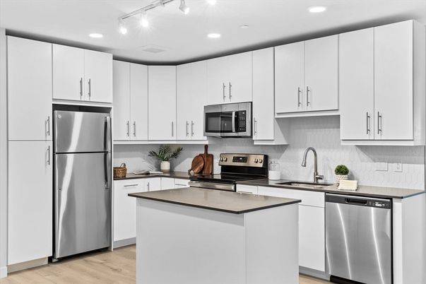 Interior, Kitchen, Recessed Lighting, Stainless Steel Appliances, Wood Texture Flooring