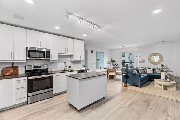 Interior, Kitchen, Living room, Recessed Lighting, Stainless Steel Appliances, Wood Texture Flooring