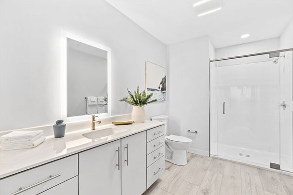 Bathroom, Glass Shower, Interior, Recessed Lighting, Wood Texture Flooring