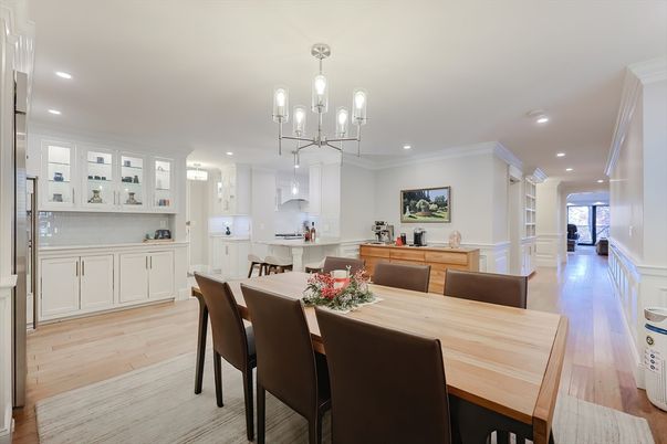 Dining room, Interior, Kitchen, Pendant Lights, Recessed Lighting, Wood Texture Flooring