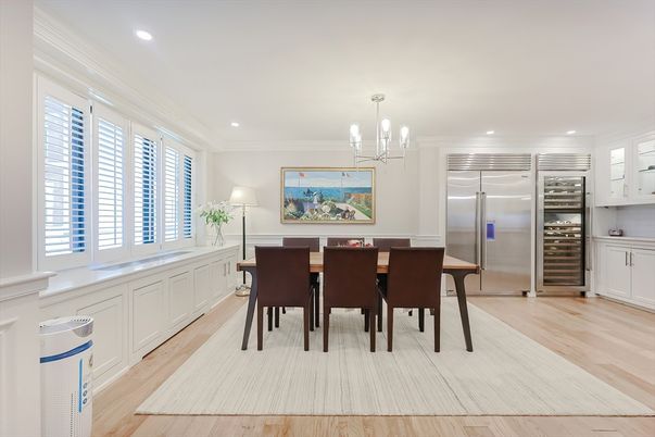 Chandelier, Dining room, Interior, Kitchen, Recessed Lighting, Stainless Steel Appliances, Wood Texture Flooring