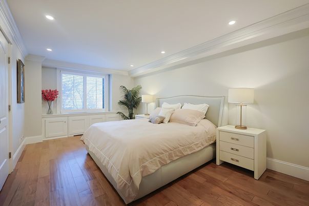 Bedroom, Interior, Recessed Lighting, Wood Texture Flooring