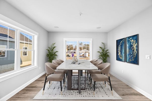 Dining room, Interior, Recessed Lighting, Wood Texture Flooring