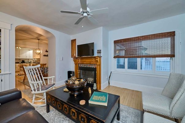 Fireplace, Interior, Kitchen, Pendant Lights, Wood Texture Flooring