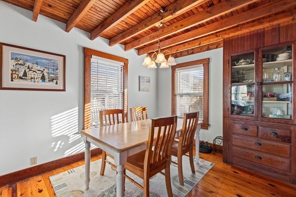 Dining room, Interior, Pendant Lights, Wooden Beams, Wooden Ceilings, Wood Texture Flooring